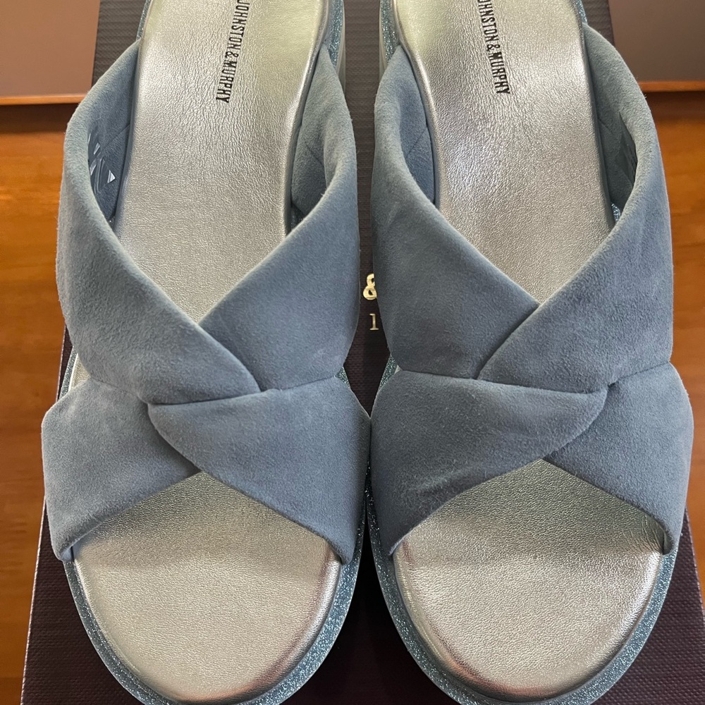 Johnston & Murphy Slate Blue Kid Suede Sandals with Cushioned Footbed